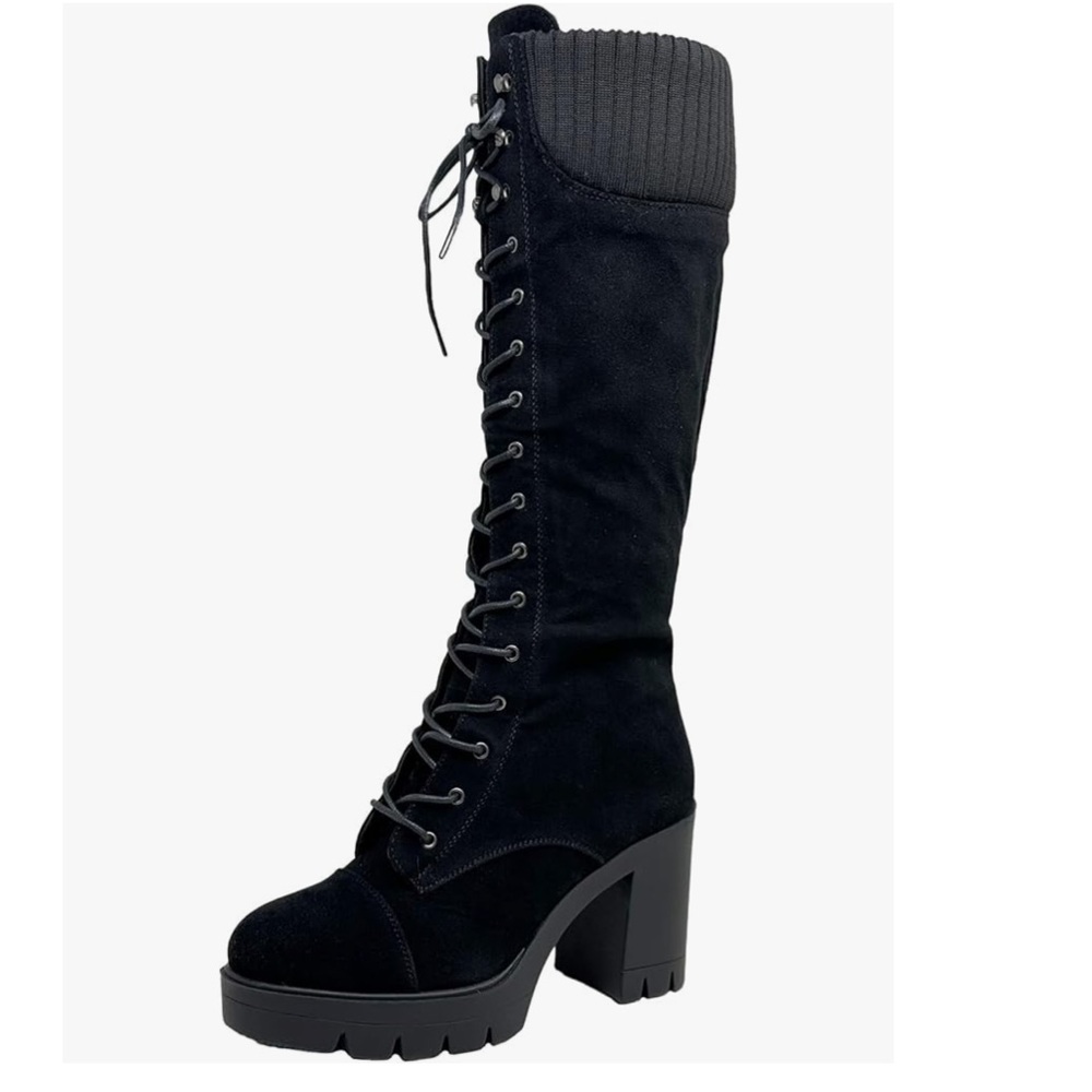 Knee High Combat Boots Size 9 Black Lace Up Faux Suede Womens Chunky Heel Zip
